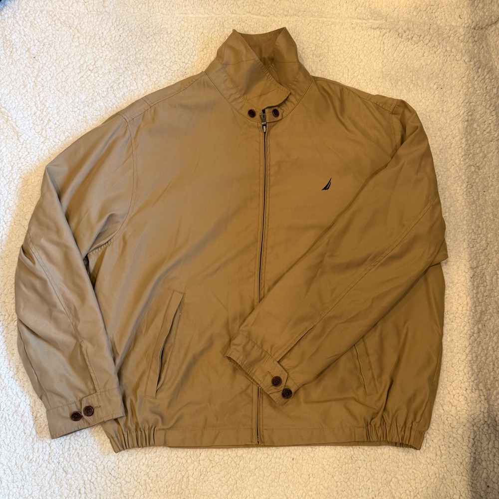 Nautica Mens Khaki Tan Harrington Windbreaker Jacket Large Embroidered Logo